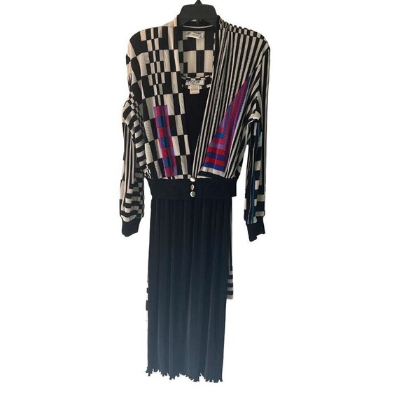 Virginie Vintage Womens Dress Jacket Size Medium Black Ensemble Midi Pleated - Picture 1 of 10